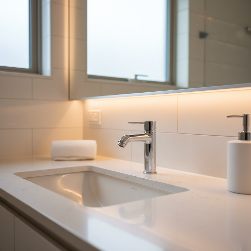 A close-up, photographic realism shot of a pristine bathroom vanity after a detailed cleaning, featuring a spotless white porcelain sink, flawlessly polished chrome faucet, and a mirror so clean it almost disappears. The countertop, made of light quartz, has no stains or clutter, just a neatly rolled white towel and a small, tasteful soap dispenser. Overhead warm lighting combines with soft natural light from a nearby frosted window, creating gentle reflections and a hygienic glow. Captured from a slightly elevated angle focusing on the faucet and sink edge, with a shallow depth of field that subtly blurs the background. The mood is sanitary, calm, and luxurious, showcasing the high standard of a premium cleaning service.