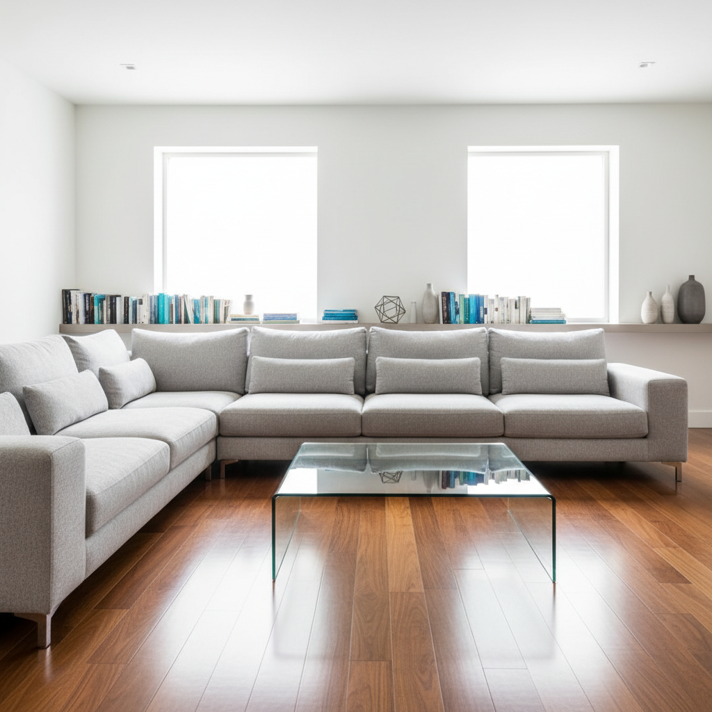 A spotless, modern living room interior freshly cleaned, with a plush light-gray sectional sofa, glass coffee table, and gleaming hardwood floors free of any dust or clutter. Sunlight pours through large, clear windows, reflecting off polished surfaces and emphasizing the pristine cleanliness. A neatly arranged shelf with color-coordinated books and a few minimalist decor pieces sits in the background, slightly out of focus. Photographic realism with a clean, professional aesthetic, captured at eye level with a wide-angle lens, sharp focus throughout. The mood is fresh, orderly, and reassuring, visually conveying a premium cleaning service that leaves homes looking immaculate and well cared for.