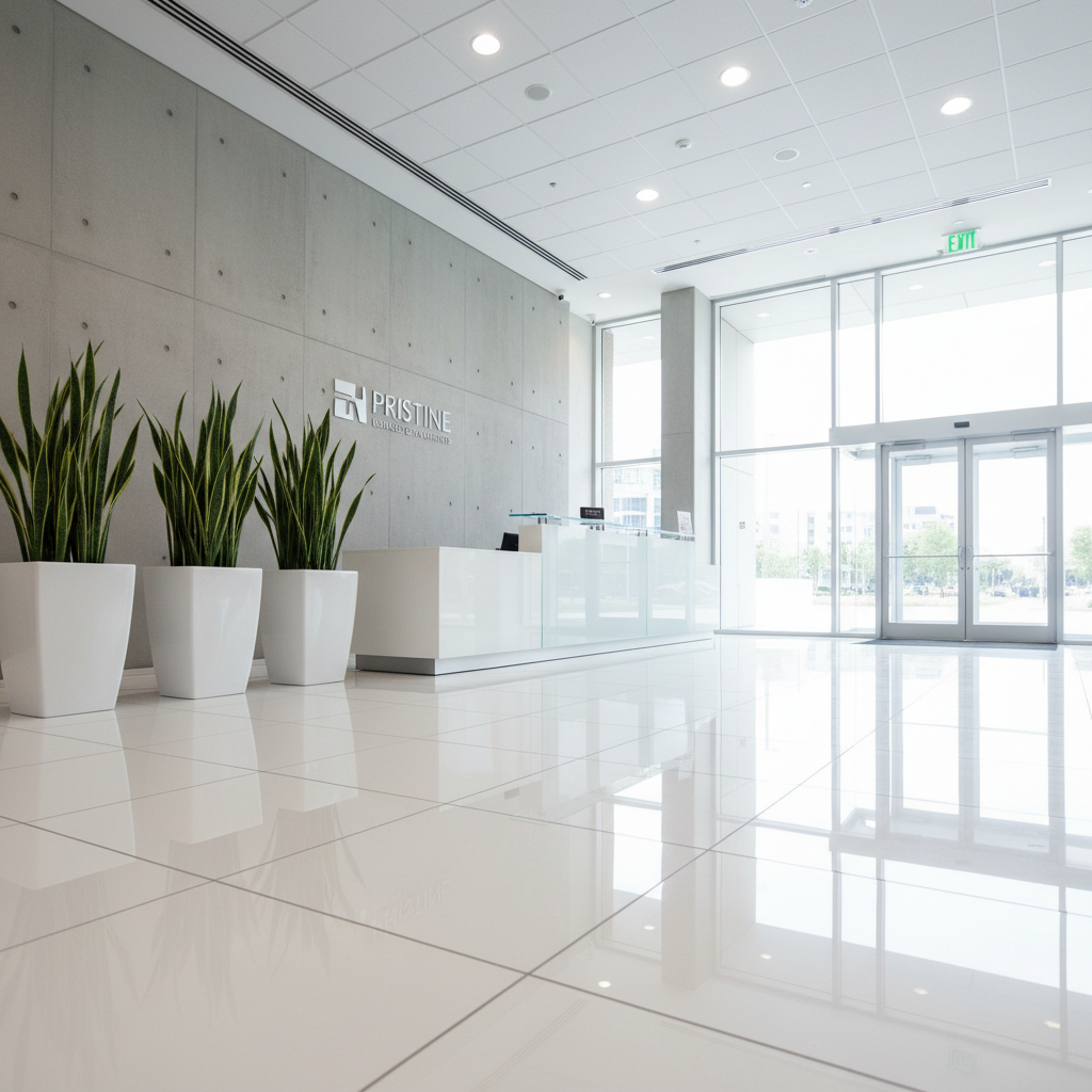 A meticulously cleaned commercial office lobby with shiny large-format porcelain tiles, a sleek glass reception desk with no smudges, and a row of minimalist planters holding healthy green plants. Overhead recessed lighting combines with diffused daylight from a glass entrance to create an evenly lit, professional environment. The camera is positioned at a low, slightly angled perspective that emphasizes the reflective floor and tidy lines of the space. Photographic realism, with crisp detail from front to back. The atmosphere is corporate, orderly, and welcoming, visually communicating a cleaning company that maintains immaculate business environments suitable for discerning professional clients.