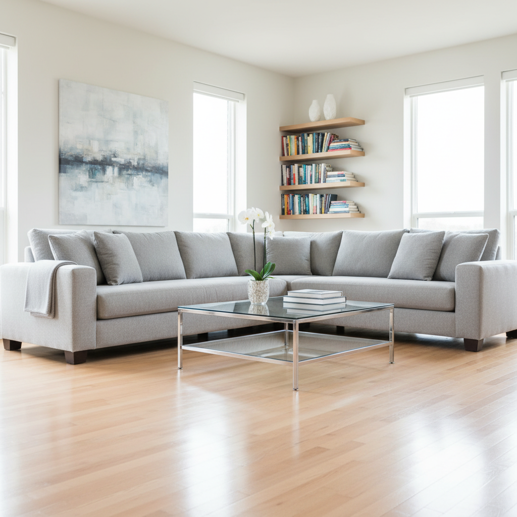 A spotless, modern living room interior freshly cleaned, with a plush light-gray sectional sofa, glass coffee table, and gleaming hardwood floors free of any dust or clutter. Sunlight pours through large, clear windows, reflecting off polished surfaces and emphasizing the pristine cleanliness. A neatly arranged shelf with color-coordinated books and a few minimalist decor pieces sits in the background, slightly out of focus. Photographic realism with a clean, professional aesthetic, captured at eye level with a wide-angle lens, sharp focus throughout. The mood is fresh, orderly, and reassuring, visually conveying a premium cleaning service that leaves homes looking immaculate and well cared for.