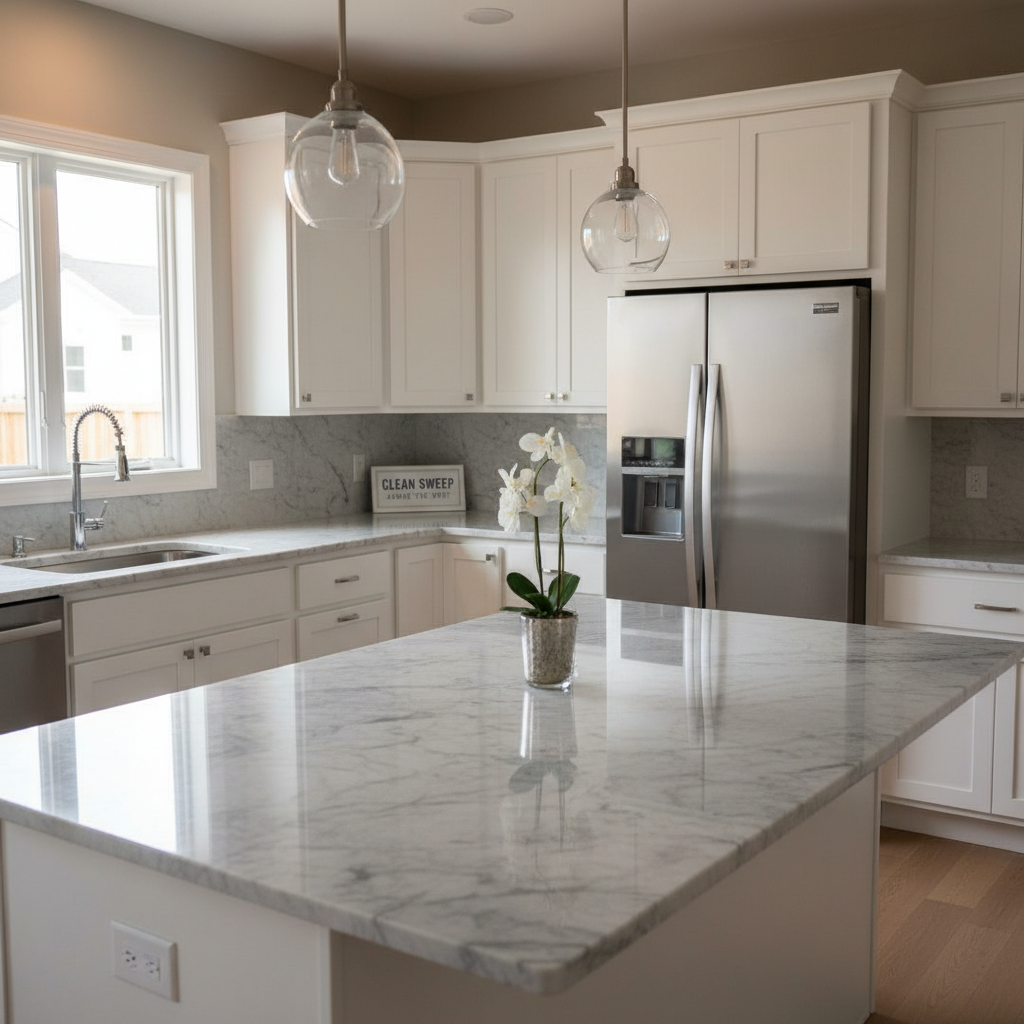 A bright, airy kitchen sparkling after a deep clean, featuring flawless white shaker cabinets, a stainless-steel refrigerator with no fingerprints, and a marble island counter so polished it subtly reflects overhead pendant lights. The sink area gleams, with chrome faucets shining and not a water spot in sight. Soft afternoon natural light filters through a nearby window, creating gentle highlights on the surfaces and emphasizing the crisp, hygienic feel. Photographic realism, shot from a slightly elevated angle with balanced composition and clear lines. The atmosphere is professional, sanitary, and inviting, suggesting a cleaning company that pays attention to every detail for a “clean sweep above the best” result.