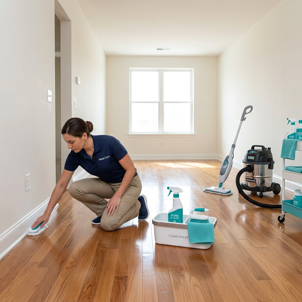 Woman cleaning hardwood floor edges with cloth and cleaning supplies in a bright room