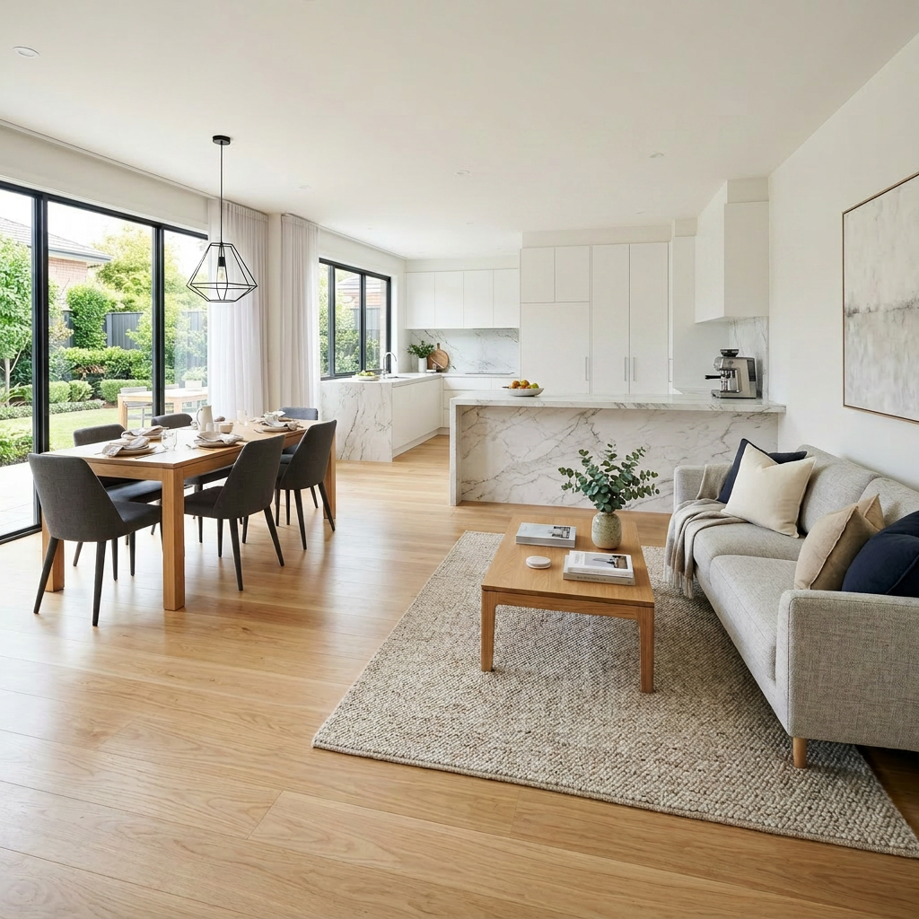 Spotless luxury white kitchen with marble island