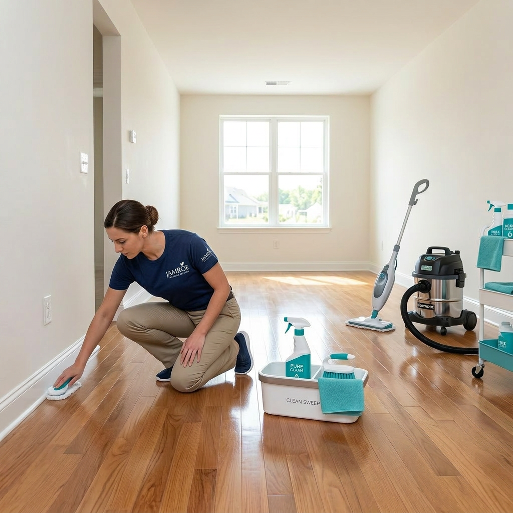 Woman cleaning hardwood floor edges with cloth and cleaning supplies in a bright room