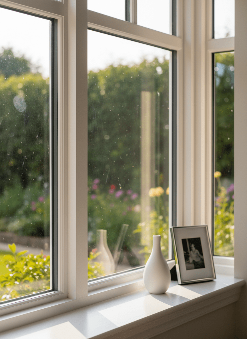 A close-up, cinematic photograph of a large living room window with perfectly transparent, streak-free glass, framed by freshly wiped white trim and a flawless windowsill. Outside, a softly blurred garden suggests natural greenery, while inside, a small, neatly arranged collection of décor—an immaculate white ceramic vase and a dust-free picture frame—rests on the sill. Late afternoon sunlight streams through the glass, creating delicate, golden highlights and elongated, clean shadows on the sill. Tiny reflections and light flares subtly emphasize the glass’s clarity. Shot at a slight side angle with shallow depth of field, the image focuses on the pristine surface quality. The mood is serene, meticulous, and elevated, showcasing photographic realism and a professional, detail-obsessed aesthetic that communicates exceptional window and detail cleaning.