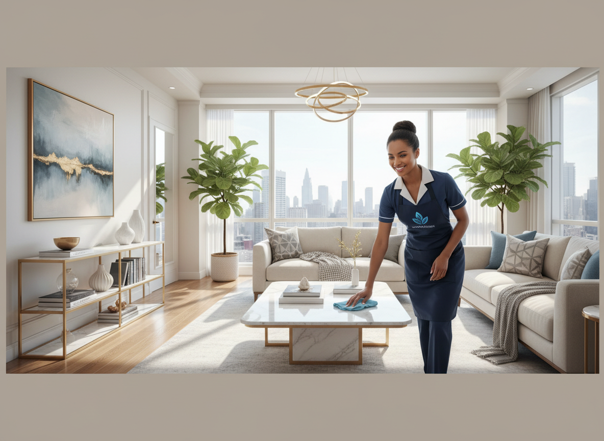 A professional biracial woman in cleaning uniform smiling while cleaning a bright, luxurious modern living room in a high-end home, with tasteful decor and natural light, in a clean, premium, trustworthy style suitable for a cleaning services website hero image.