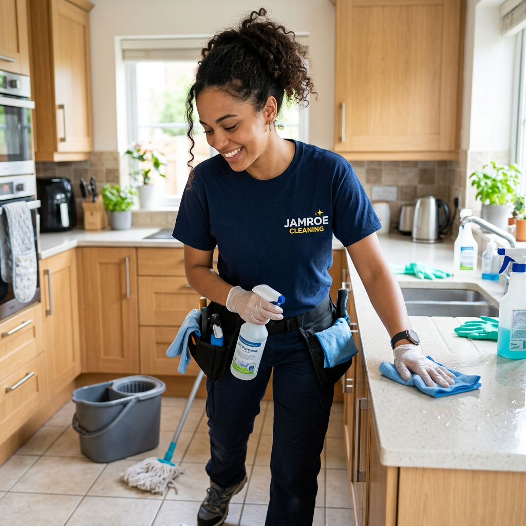 Cleaner wearing Jamroe Cleaning shirt cleaning a kitchen counter with spray bottle and cloth