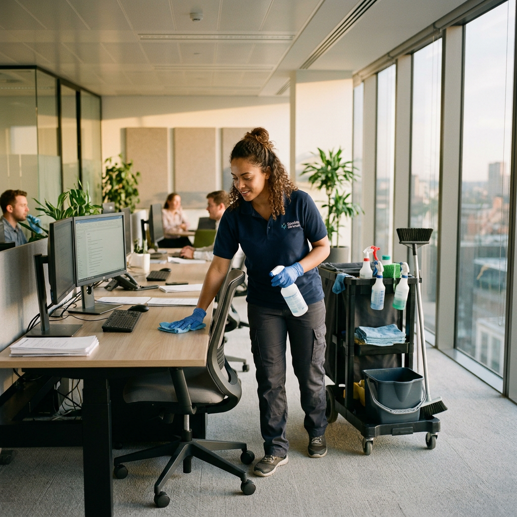 Cleaning professional disinfecting an office desk with spray and cloth