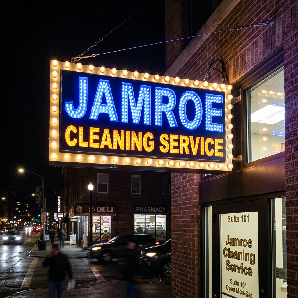 Jamroe Cleaning Service illuminated sign with blue and yellow lights above an entrance