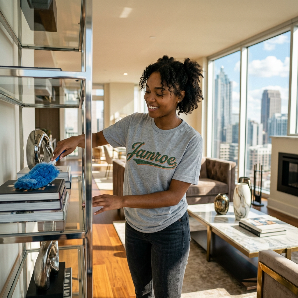 Woman dusting a glass and metal shelf in a sunlit apartment